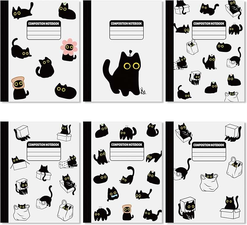 Set of 6 Black Cat Notebooks for School and Office