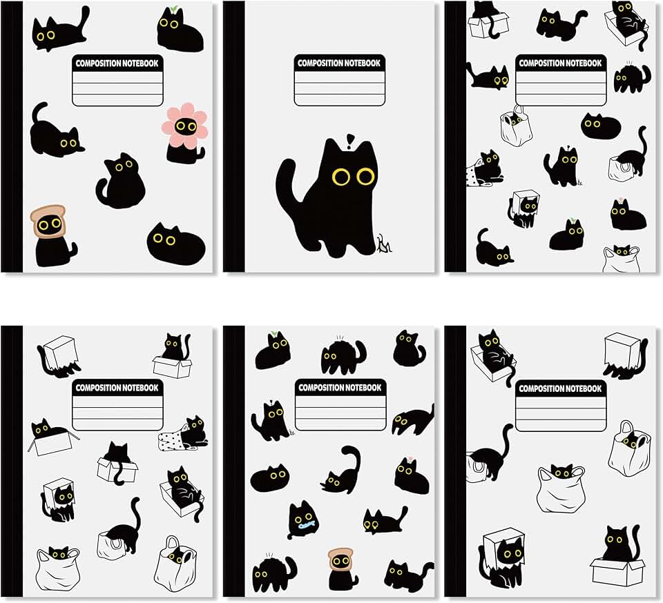Set of 6 Black Cat Notebooks for School and Office