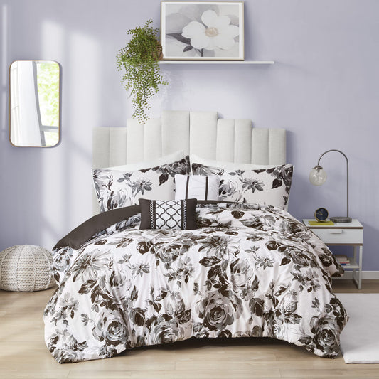 Intelli t Dorsey Comforter Reversible Flower Floral Botanical Ultra-Soft Brushed All Season Bedding-Set, Full/Queen, Black/White 5 Piece