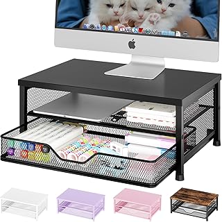 Black Computer Monitor Stand with Drawer and Organizer