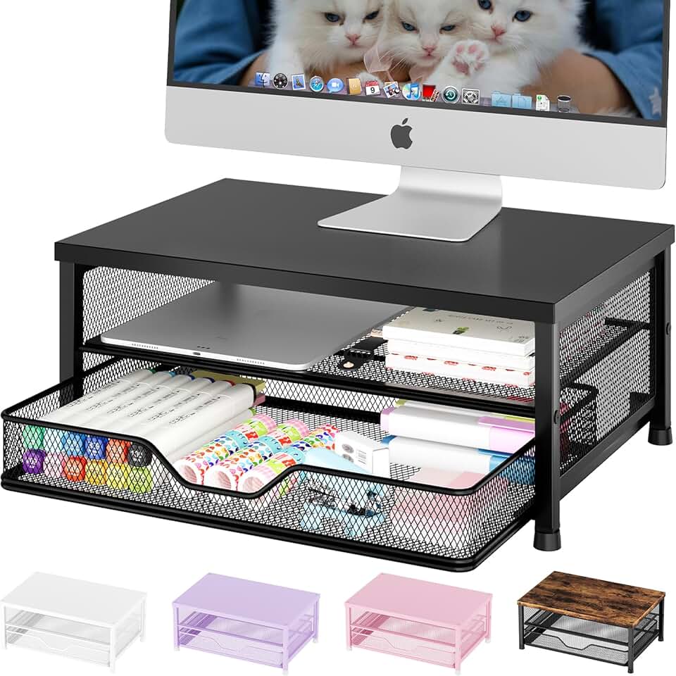 Black Computer Monitor Stand with Drawer and Organizer