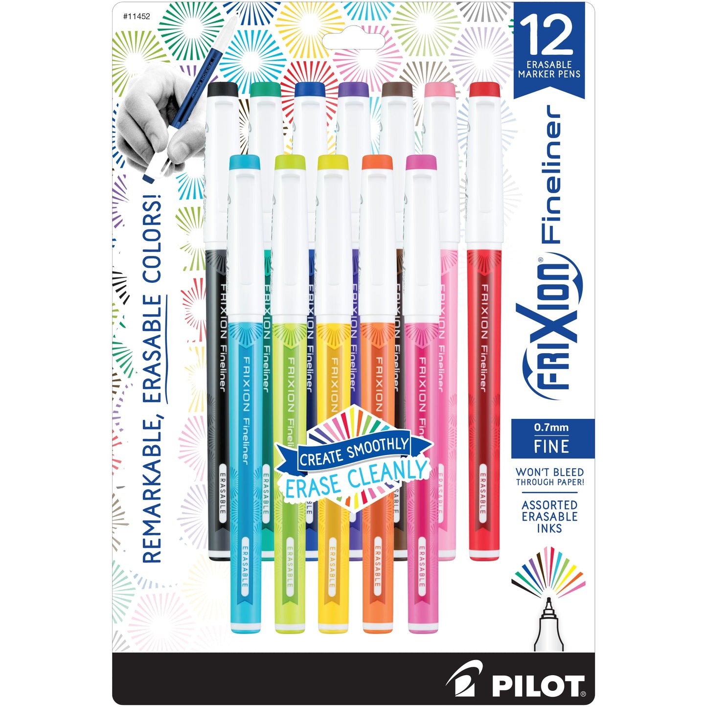 Erasable Fineliner Pens, 0.5 mm, Pack of 12, Assorted Colors