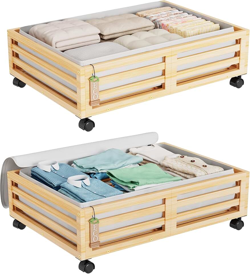 Bamboo Under Bed Storage Containers with Wheels, 2 Pack