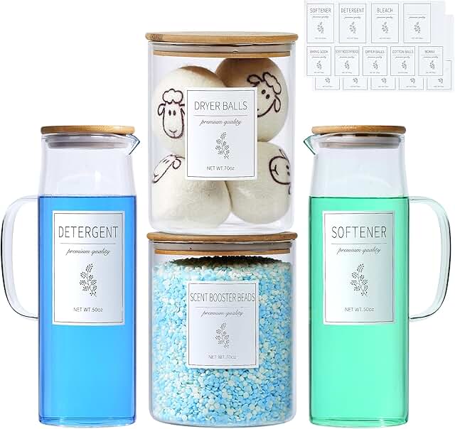 Glass Laundry Detergent Dispenser Set with Bamboo Lids