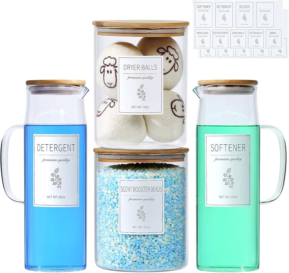 Glass Laundry Detergent Dispenser Set with Bamboo Lids