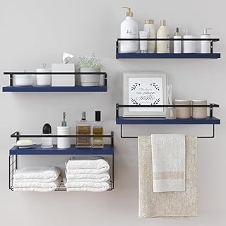 Rustic 4-Tier Wall Shelves with Basket and Towel Bar