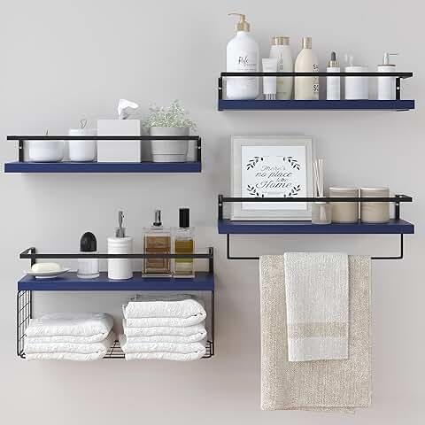 Rustic 4-Tier Wall Shelves with Basket and Towel Bar