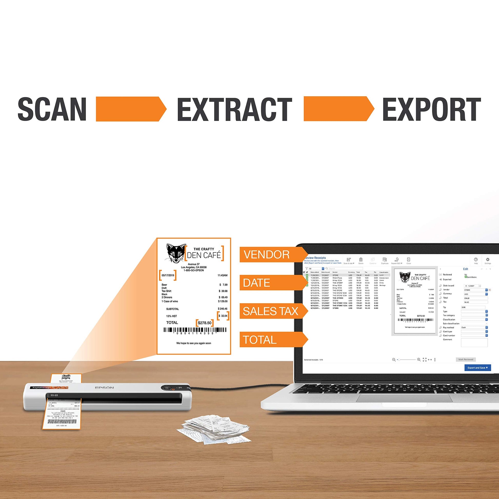 RapidReceipt RR-60 Mobile Receipt and Color Document Scanner with Complimentary Receipt Management and PDF Software for PC and Mac