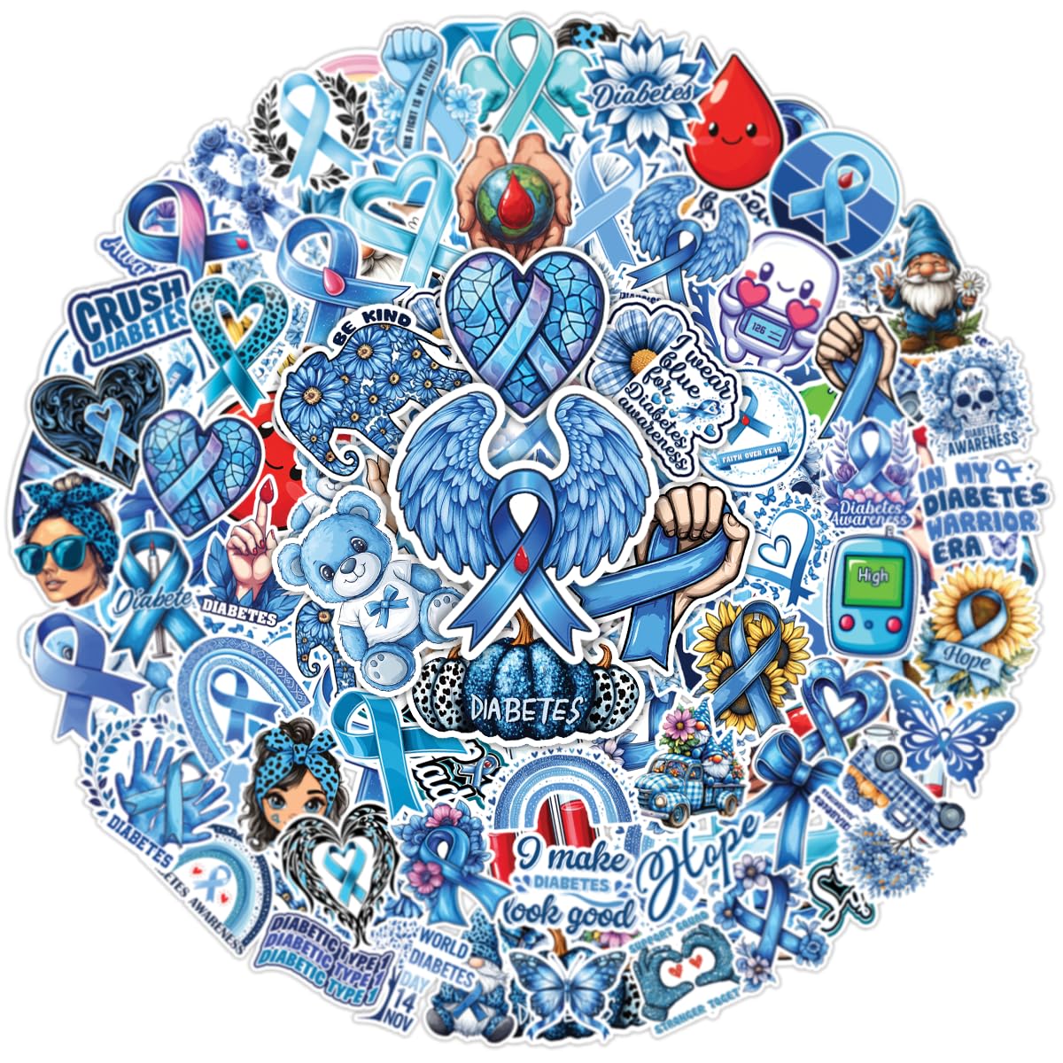 Set of 64 Waterproof Diabetes Stickers for Water Bottles and More