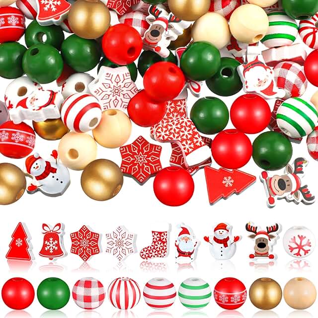 200 Pcs Christmas Wooden Beads for Crafts and Jewelry