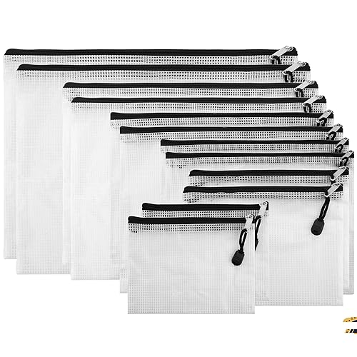 12 Black Mesh Zipper Pouches with Grid, 6 Sizes