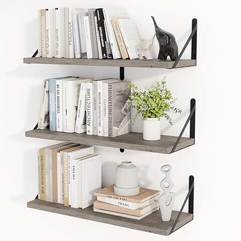 Set of 3 24-inch floating wall shelves in silver grey