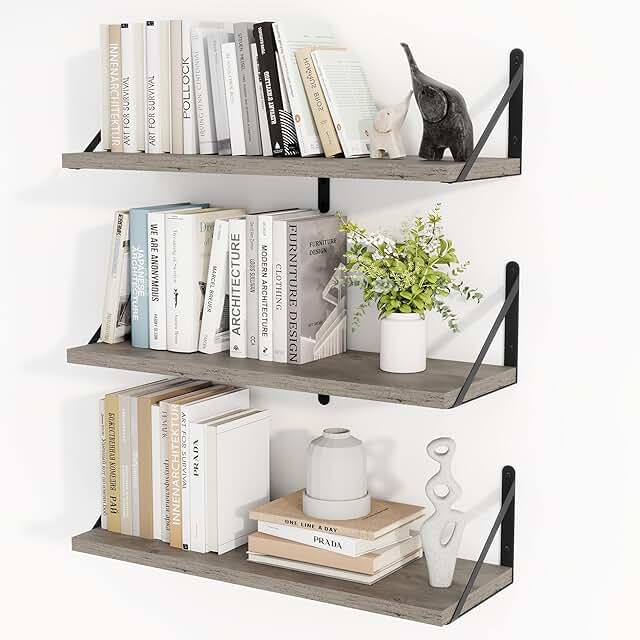 Set of 3 24-inch floating wall shelves in silver grey