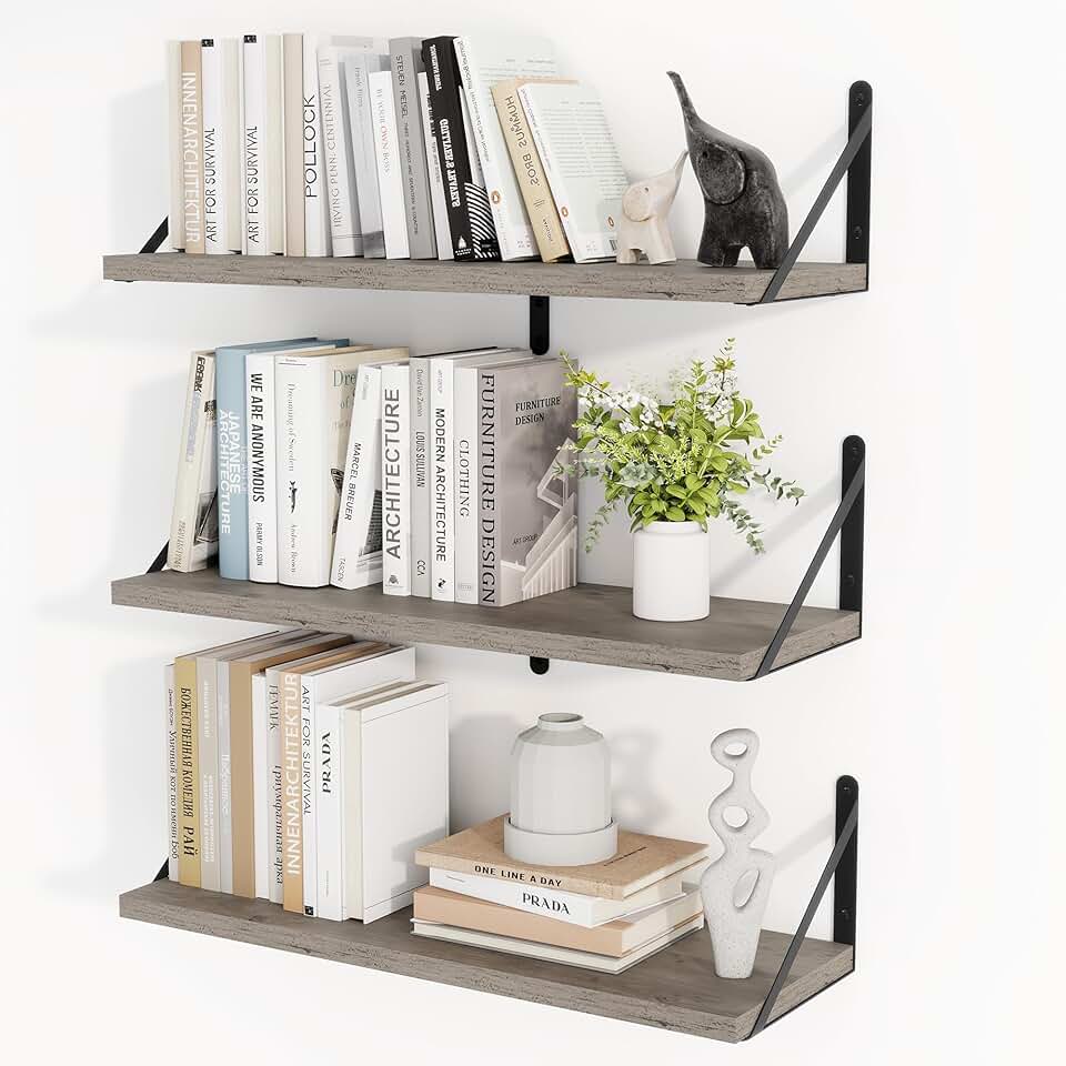 Set of 3 24-inch floating wall shelves in silver grey