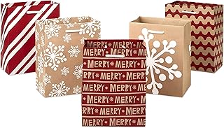 Set of 5 Small Holiday Gift Bags in Red, White, and Kraft