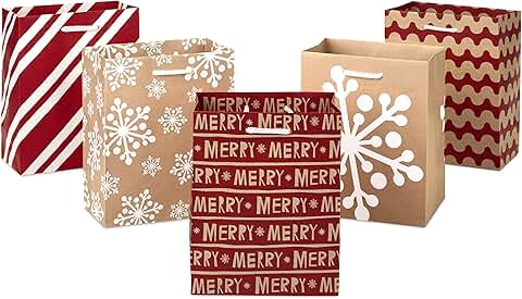 Set of 5 Small Holiday Gift Bags in Red, White, and Kraft
