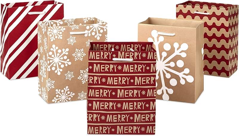 Set of 5 Small Holiday Gift Bags in Red, White, and Kraft