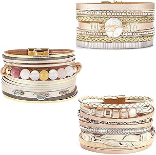 3-Pack Leather Cuff Bracelets with Feathers and Crystals