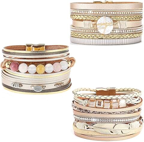 3-Pack Leather Cuff Bracelets with Feathers and Crystals