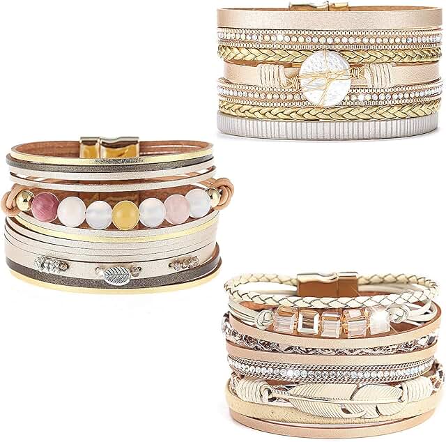 3-Pack Leather Cuff Bracelets with Feathers and Crystals