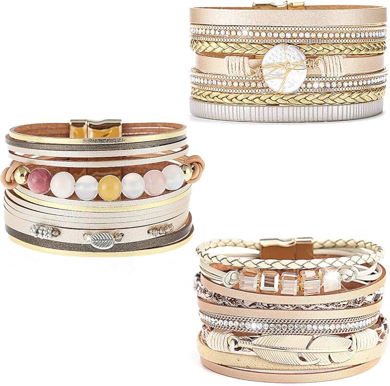 3-Pack Leather Cuff Bracelets with Feathers and Crystals