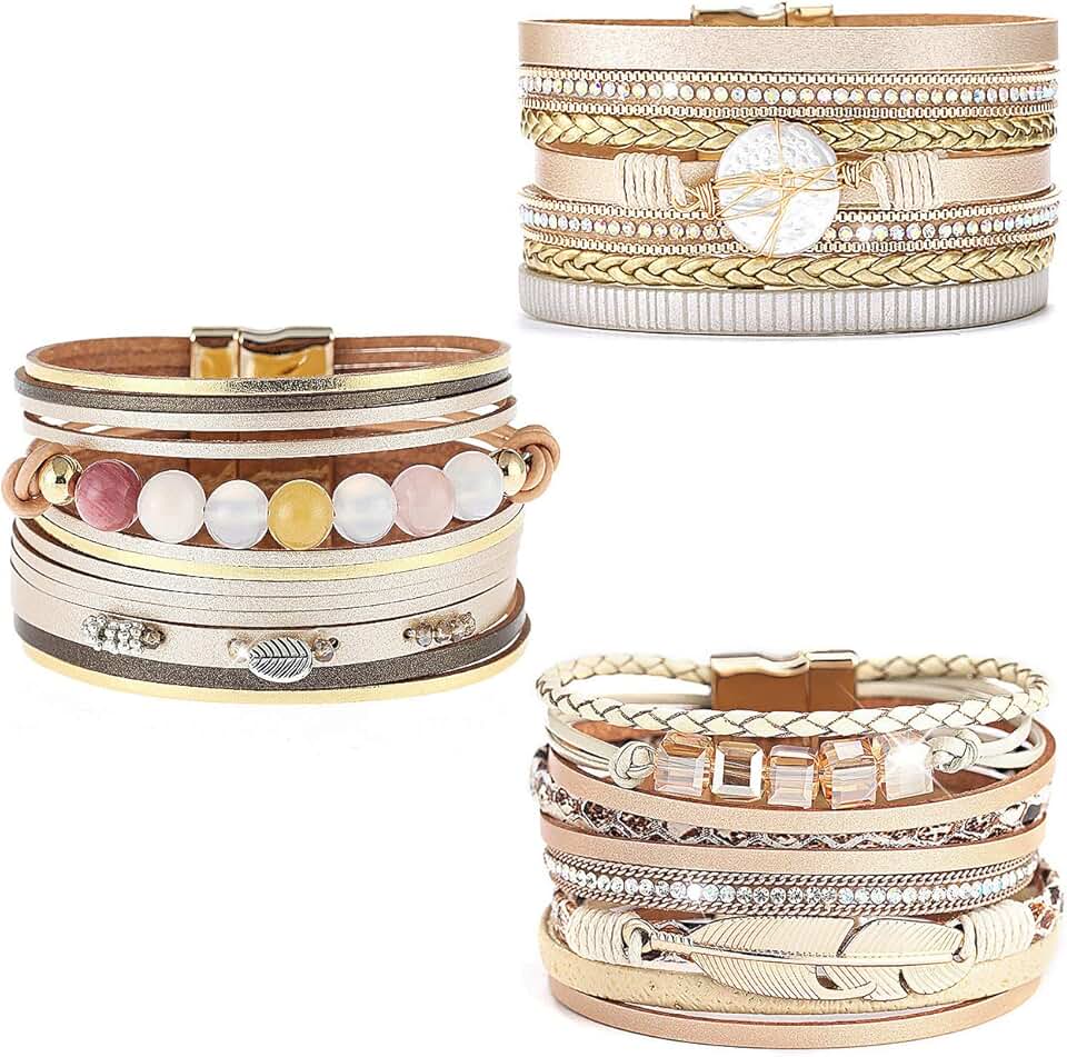 3-Pack Leather Cuff Bracelets with Feathers and Crystals