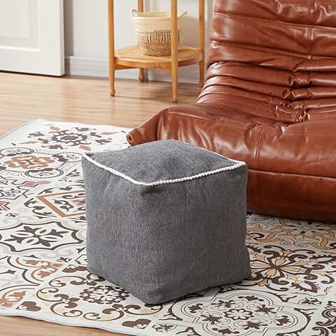 Unstuffed Square Pouf Cover for Storage, Washable, Cotton and Linen