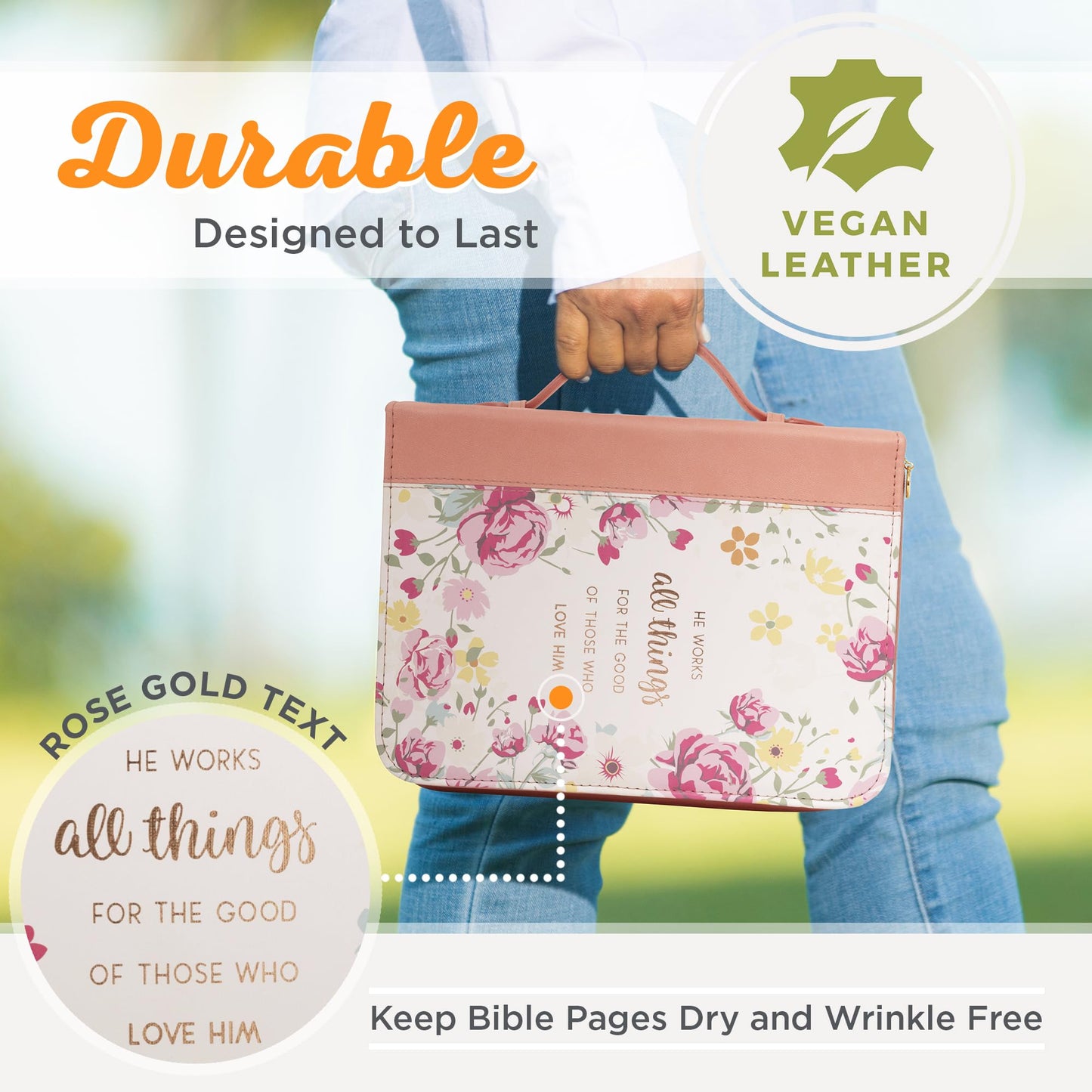 Women's Peach Floral Leather Bible Cover with Romans 8:28