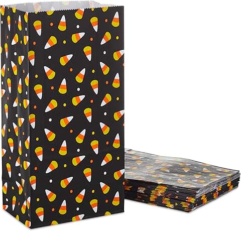 Halloween Paper Party Favor Bags, Black and Candy Corn (30)