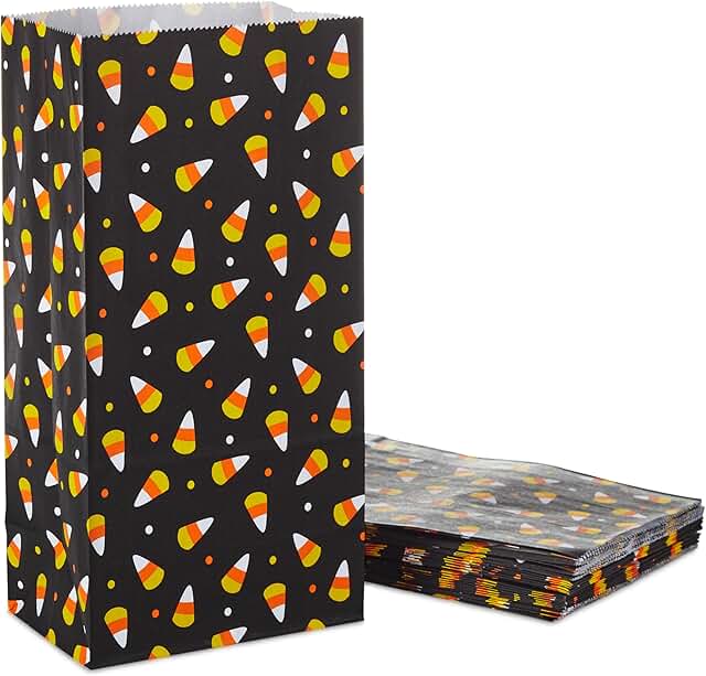 Halloween Paper Party Favor Bags, Black and Candy Corn (30)