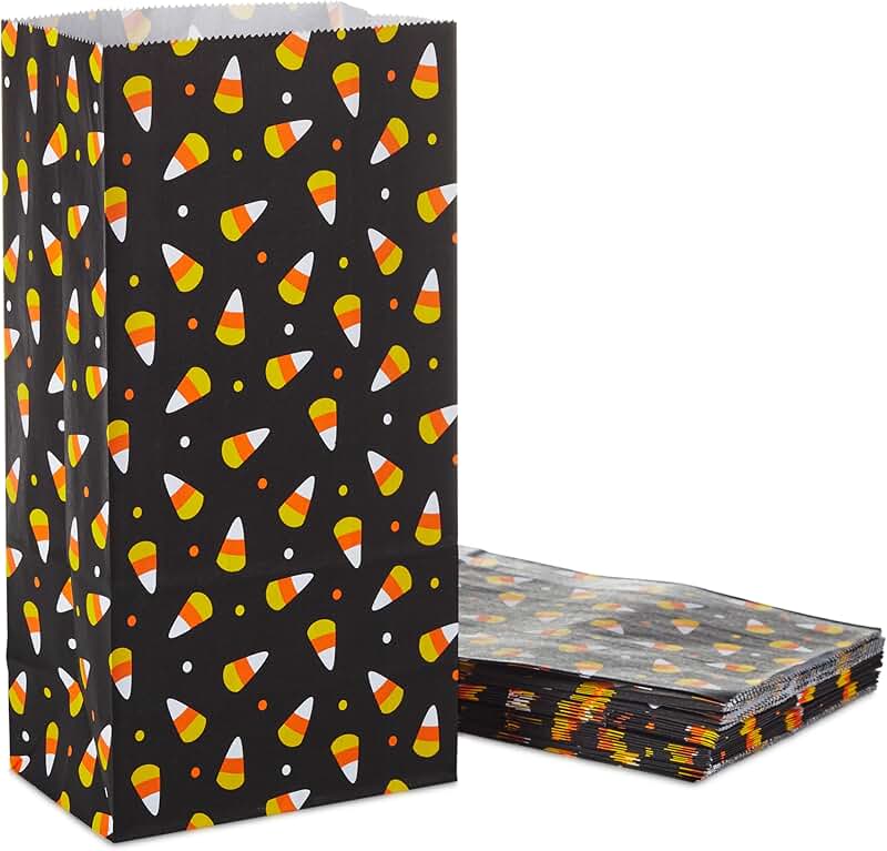 Halloween Paper Party Favor Bags, Black and Candy Corn (30)