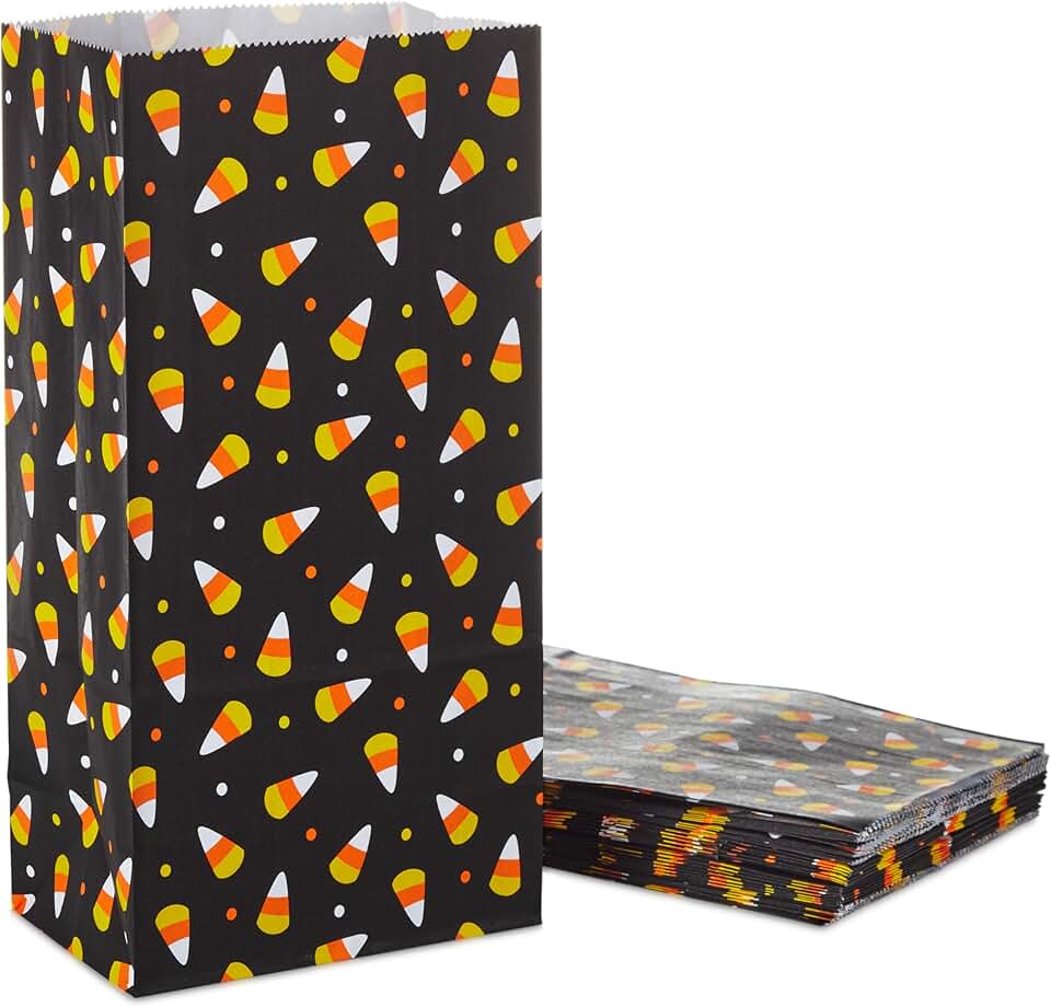 Halloween Paper Party Favor Bags, Black and Candy Corn (30)