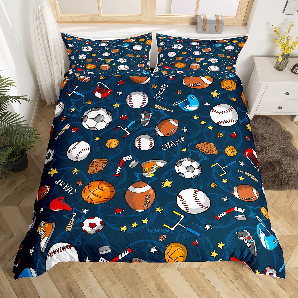Baseball Bedding Set Football Rugby Basketball Comforter Cover for Kids Boys Girls Youth Ball Sports Themed Duvet Cover Soccer Football Game Volleyball Reversible Quilt Set Queen Size Bedroom Decor