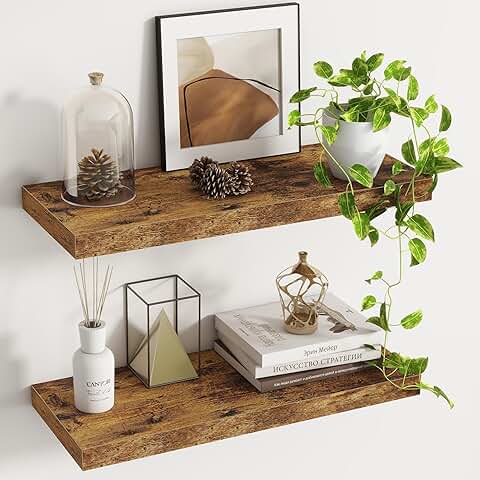 Set of two rustic wooden wall shelves, 9.3 inches deep
