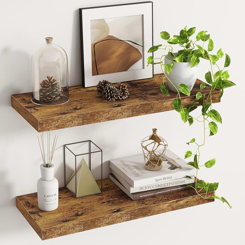 Set of two rustic wooden wall shelves, 9.3 inches deep