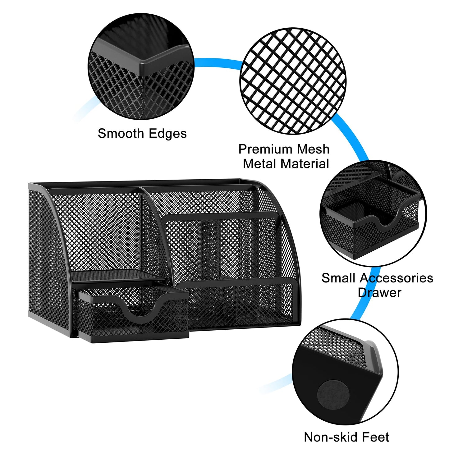 Mesh desk organizer with drawer and six compartments