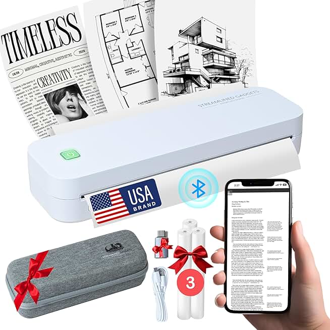 Portable Wireless Inkless Thermal Printer with Case and Paper
