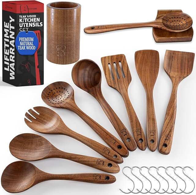 8-Piece Wooden Spoon Set with Holder and Hooks