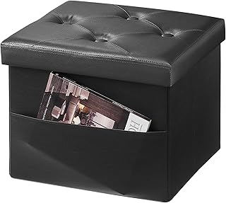 Black Leather Storage Ottoman with Side Pocket