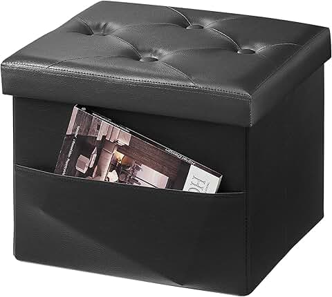 Black Leather Storage Ottoman with Side Pocket