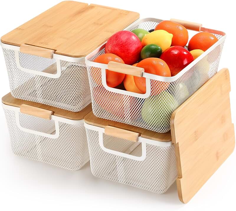 Set of 4 Metal Wire Baskets with Wooden Handles and Bamboo Lids
