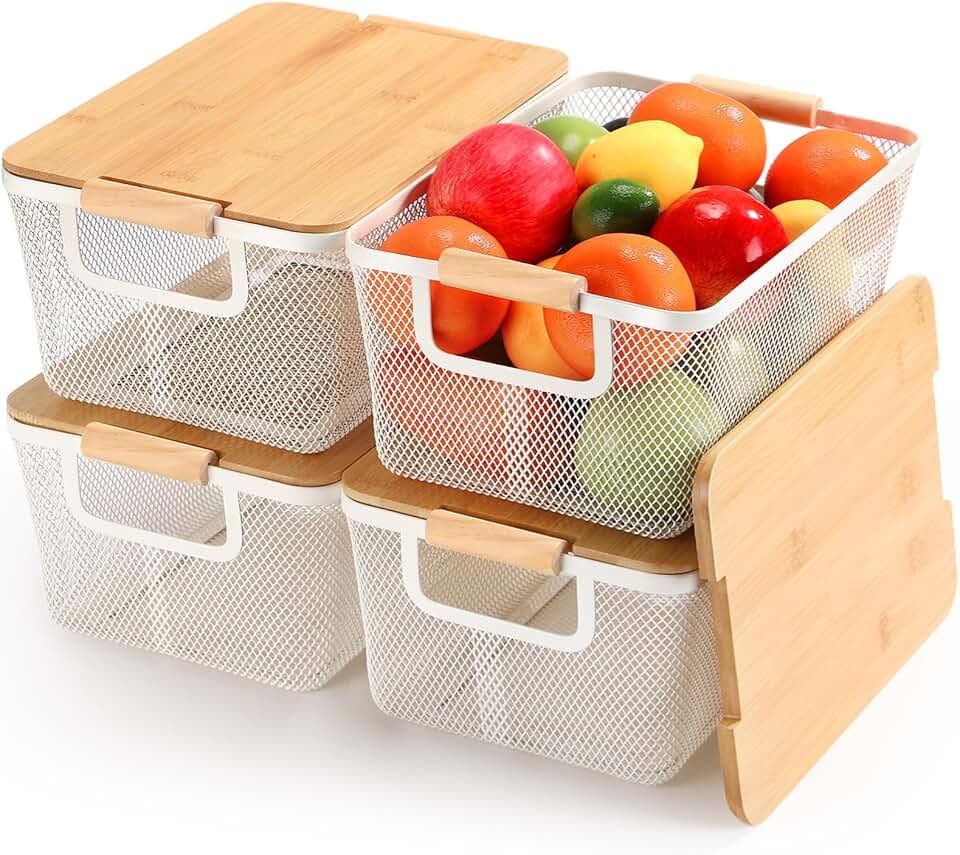 Set of 4 Metal Wire Baskets with Wooden Handles and Bamboo Lids