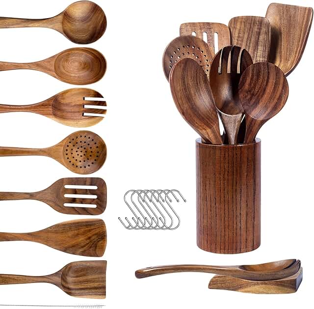 9-Piece Teak Wood Cooking Utensil Set with Holder