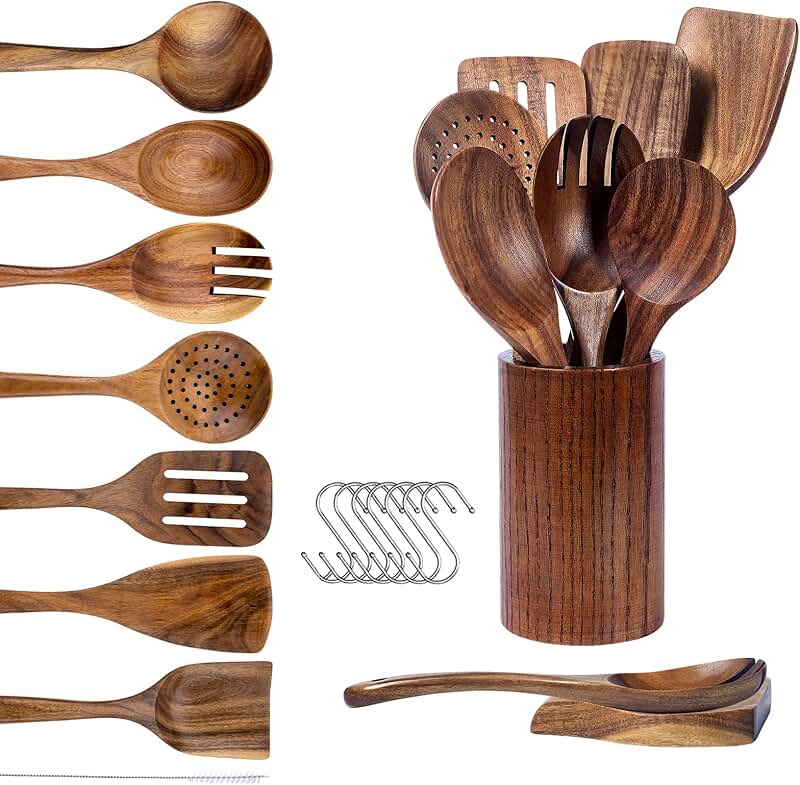 9-Piece Teak Wood Cooking Utensil Set with Holder