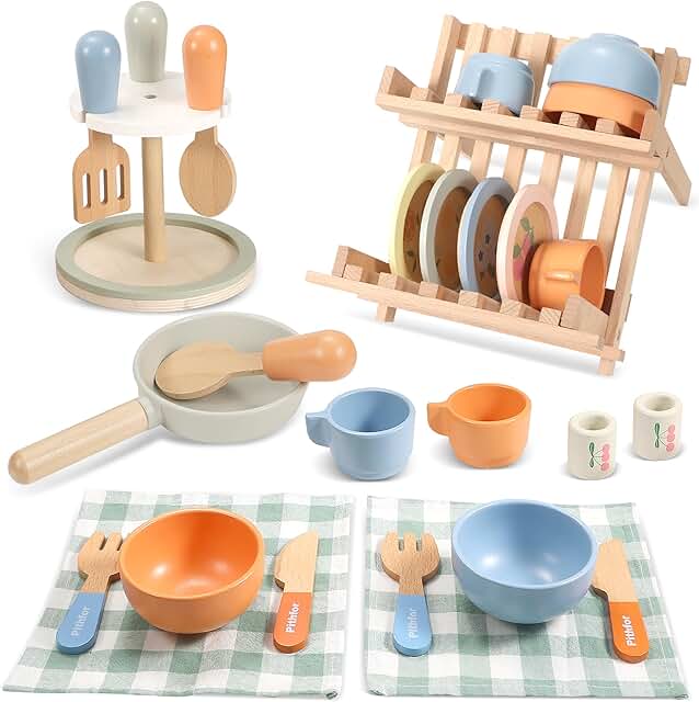 Wooden Play Kitchen Set with Dishes and Utensils