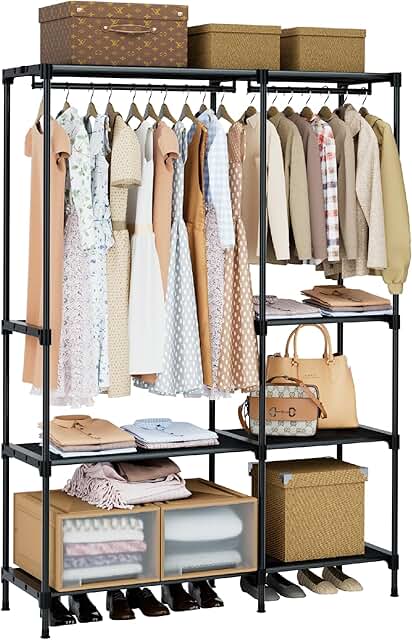 Large Portable Clothes Rack with Shelves and Hanging Rods
