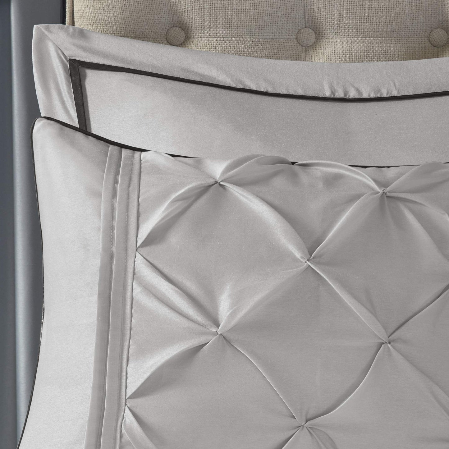 Essentials Room in a Bag Faux Silk Comforter Set  Luxe Diamond Tufting All Season Bedding, Matching Curtains, Decorative Pillows, Grey King(104"x92") 24 Piece