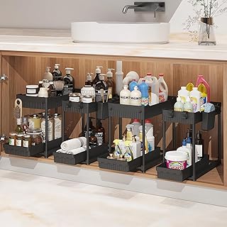 Set of Four Under Sink Storage Organizers with Hooks and Cups