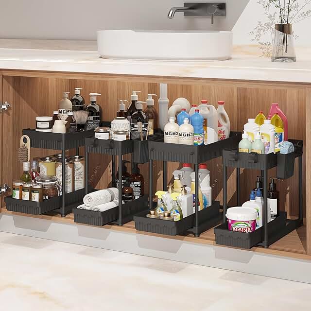 Set of Four Under Sink Storage Organizers with Hooks and Cups