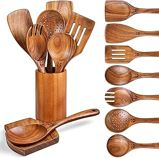 9-Piece Wooden Cooking Spoon Set with Rest and Holder